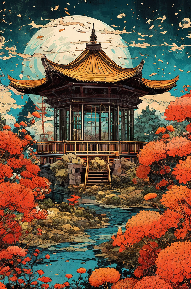 中国风古亭国潮风节日中秋插画背景,插画/手绘图,插画/手绘图库,插画/手绘图下载,插画/手绘